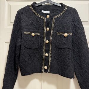 Black Chain-Trim Knit Cardigan with Pearl Buttons